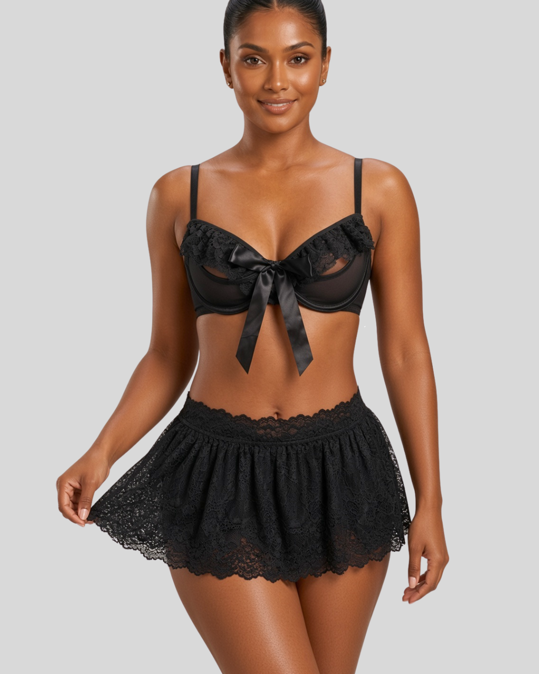 Layla Bow Lace Skirt Lingerie Set - Black