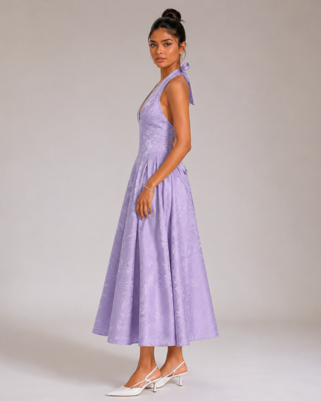 Ariella Sculpted Flare Midi Dress — Lilac Jacquard