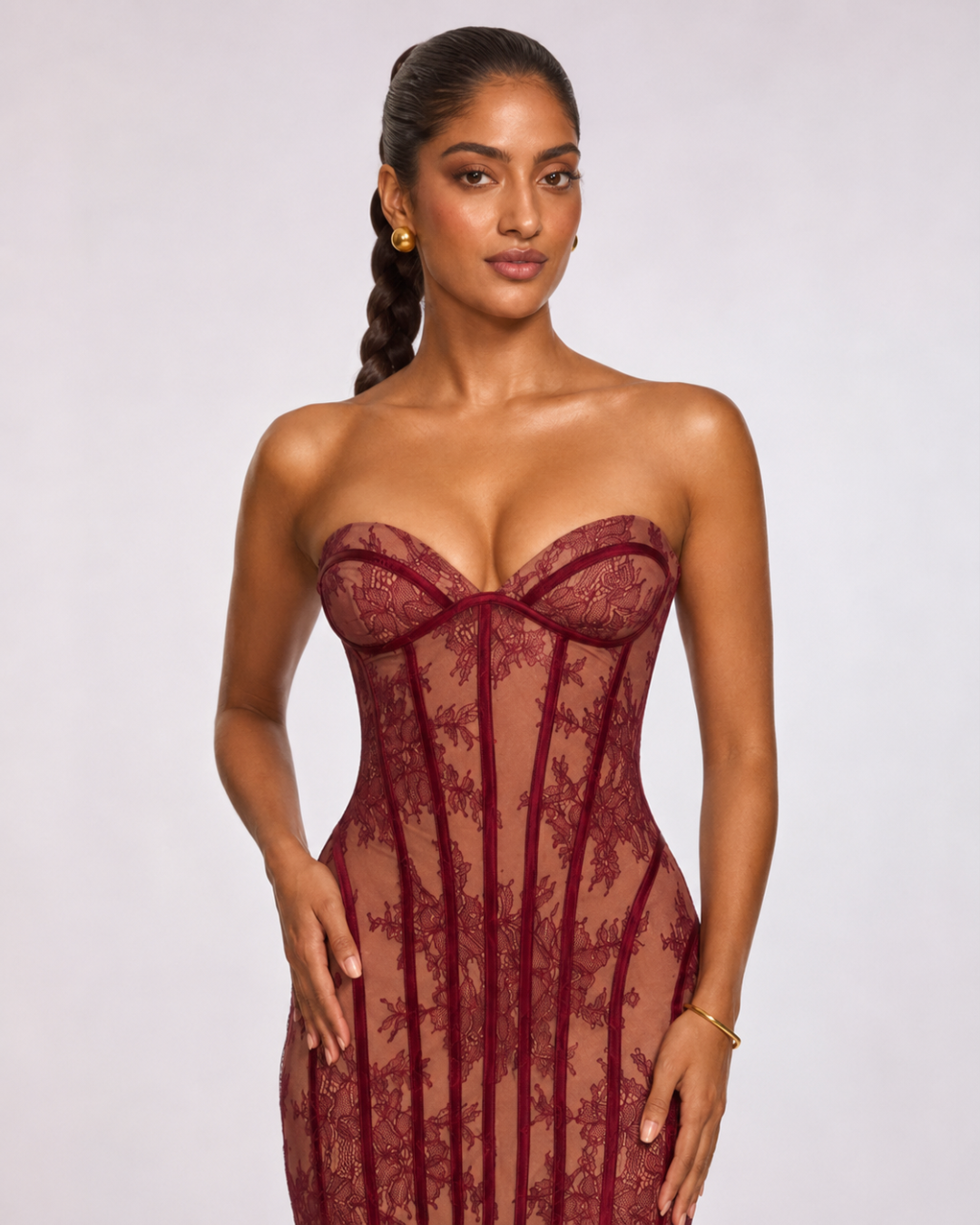 Aveline Corset Lace Maxi Dress - Wine Red