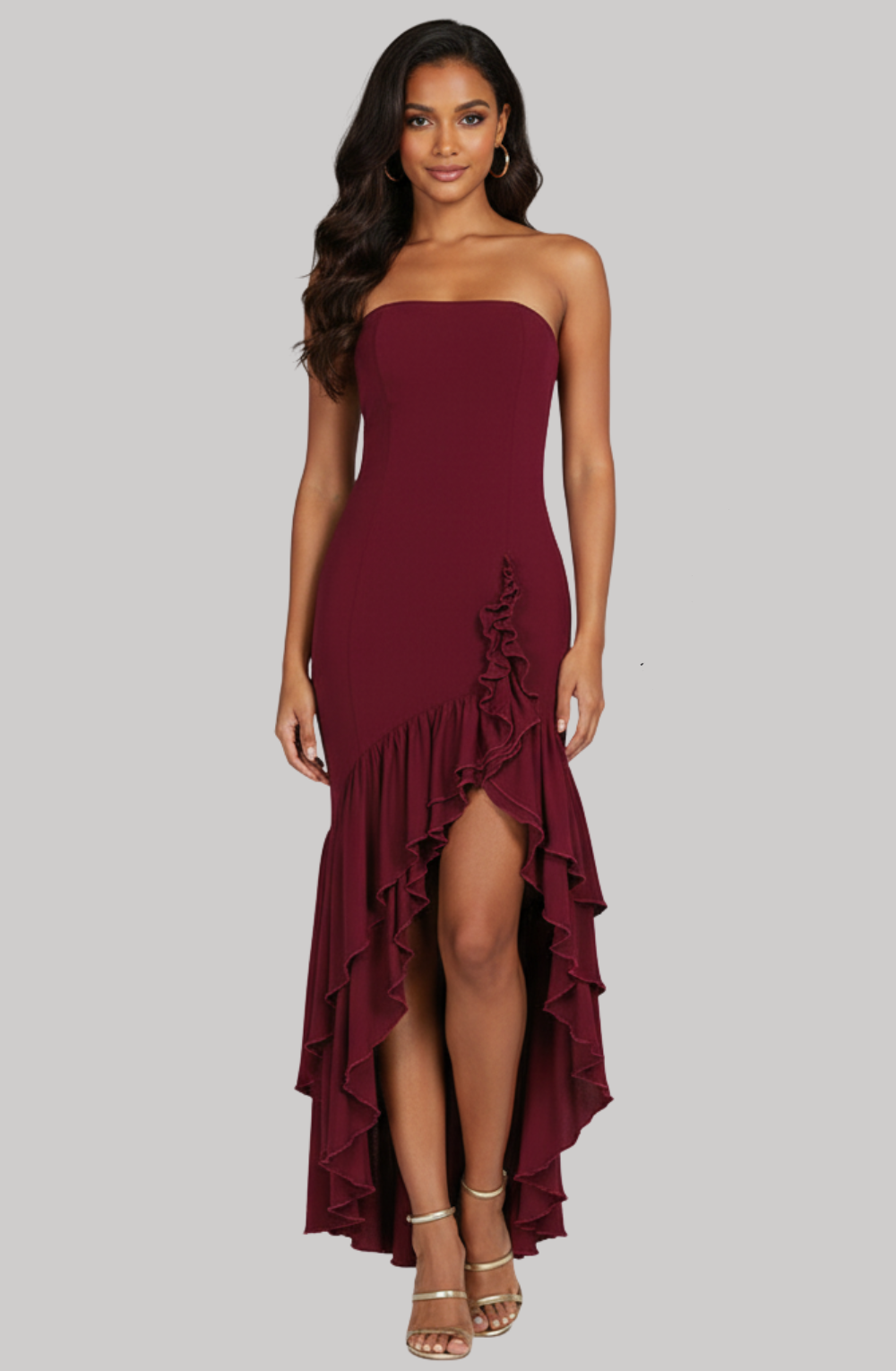 Crimson Cascade Strapless Ruffle Dress