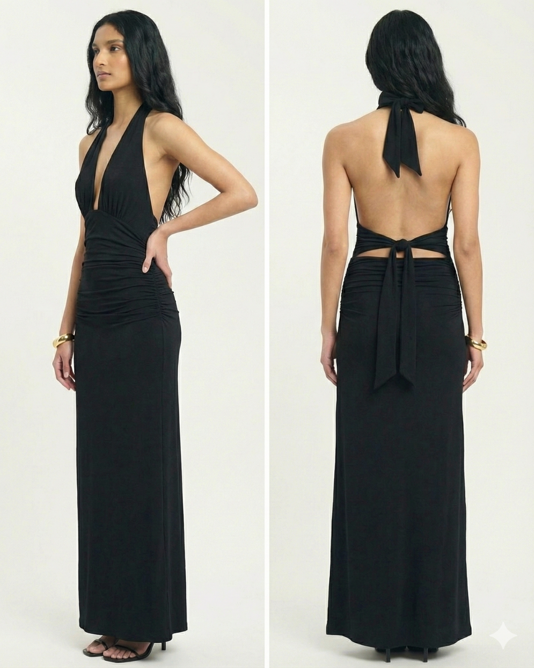 Deep-V Ruched Evening Maxi Dress
