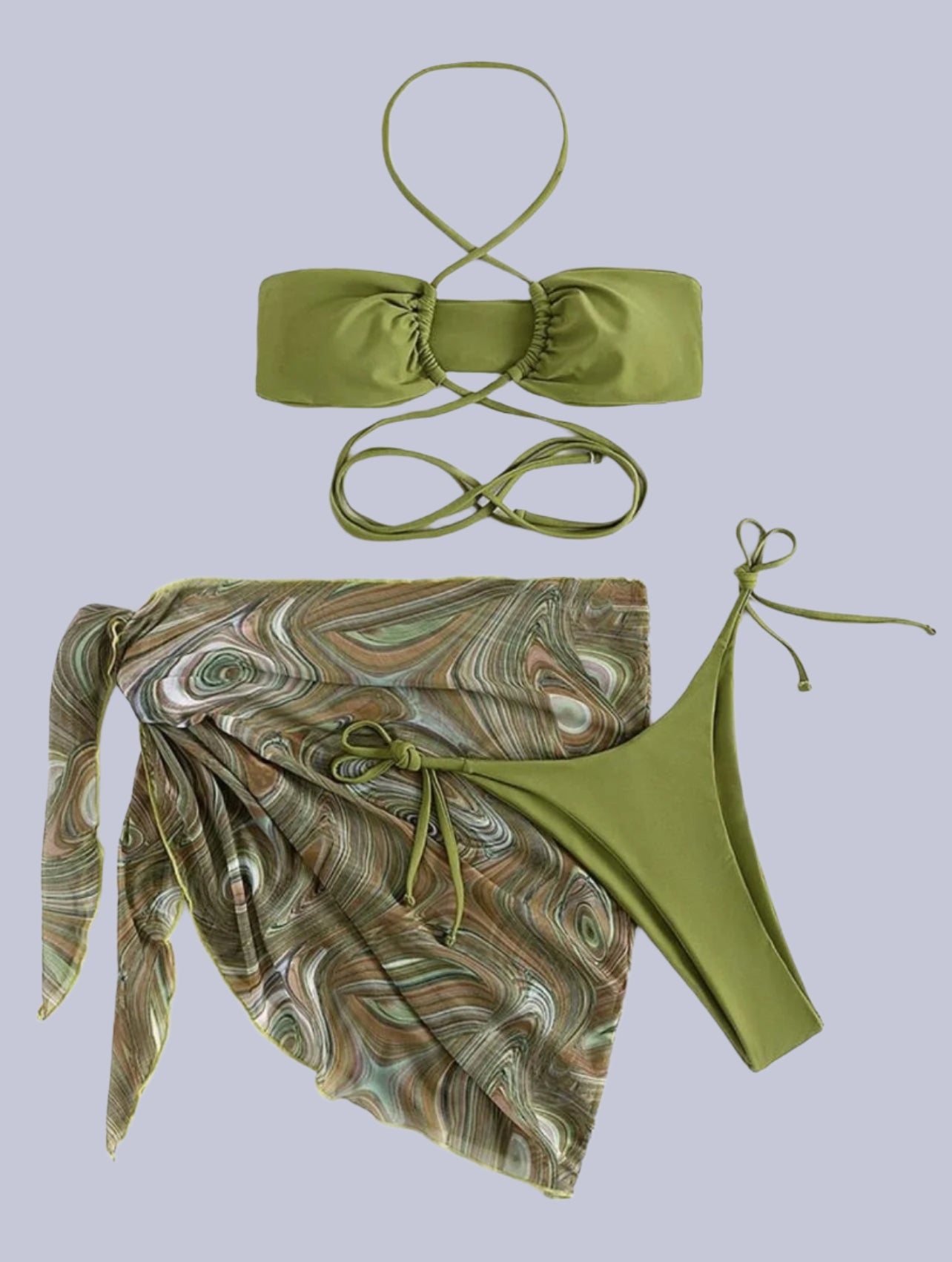 Halter Mesh Criss Cross 3 Piece Bikini Set - VC SECRET