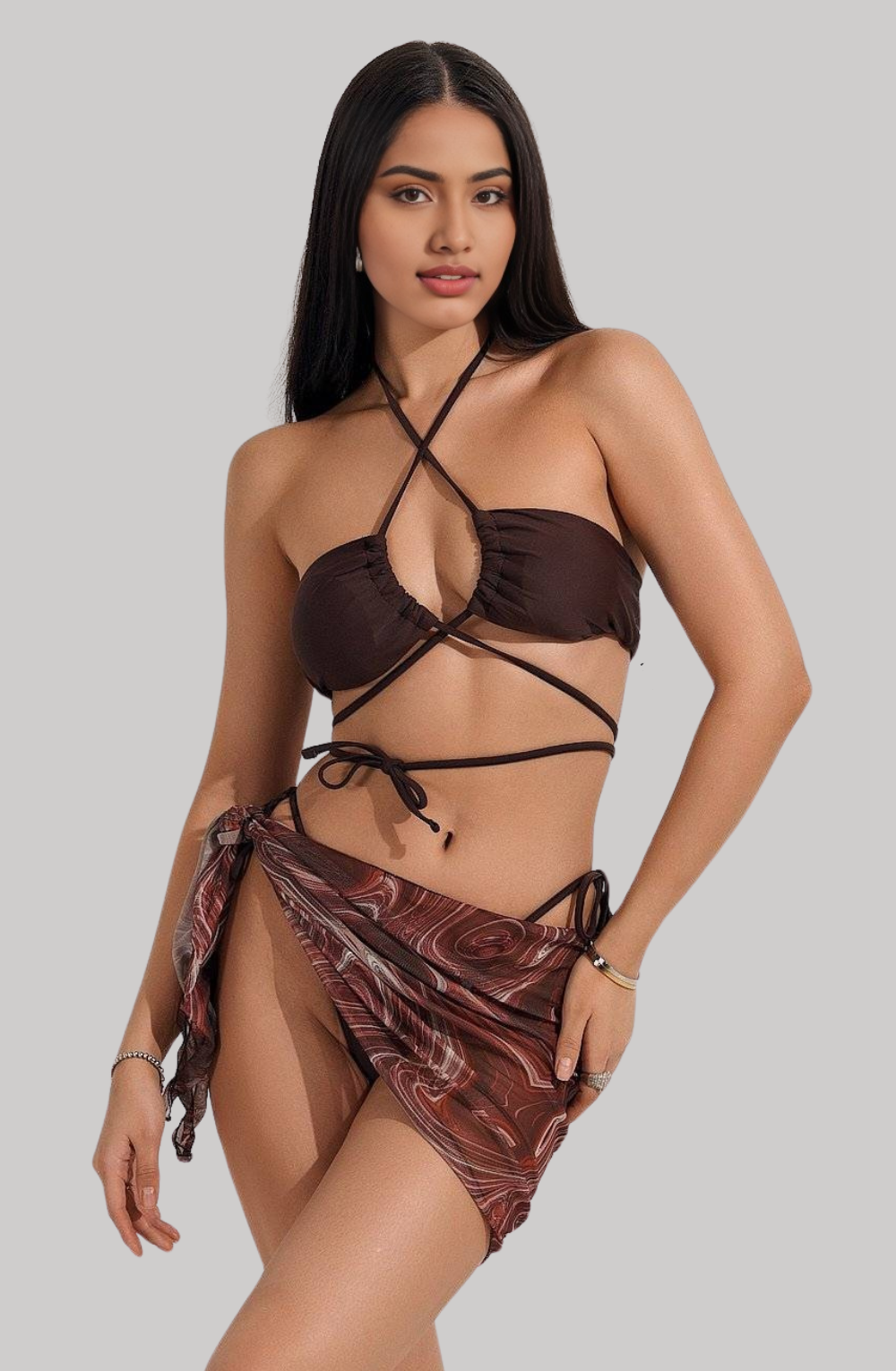 Halter Mesh Criss Cross 3 Piece Bikini Set