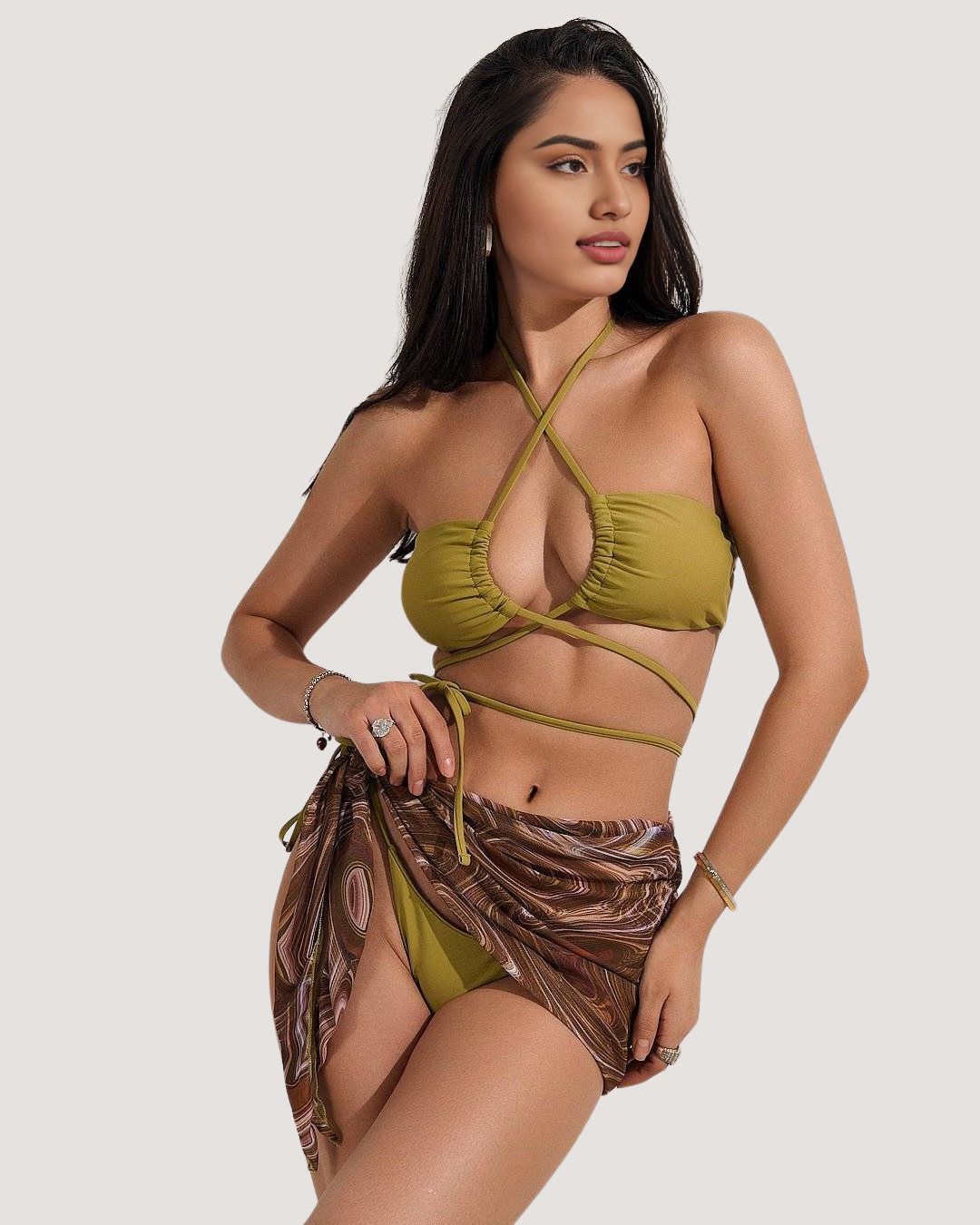 Halter Mesh Criss Cross 3 Piece Bikini Set
