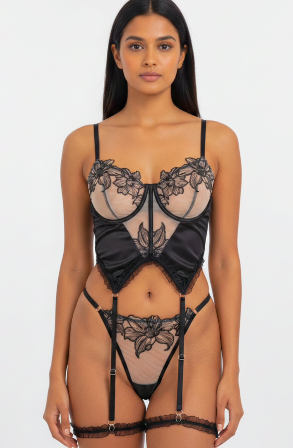 Midnight Lily Embroidered Lingerie Set