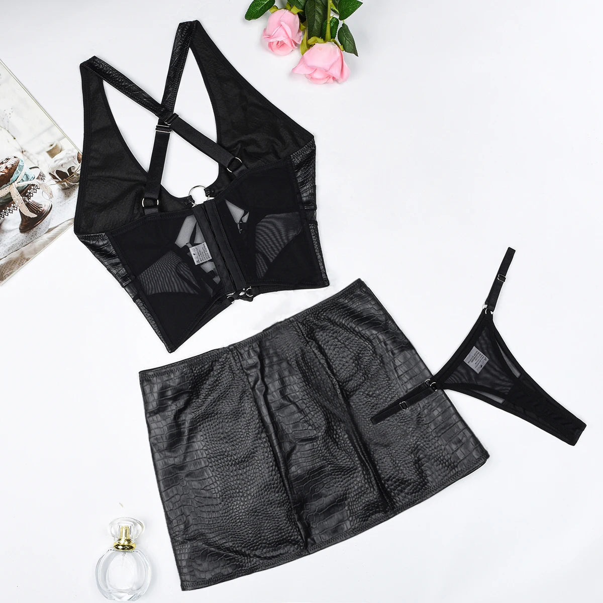 Cross Bra Coquette Mini Skirt Lingerie Set