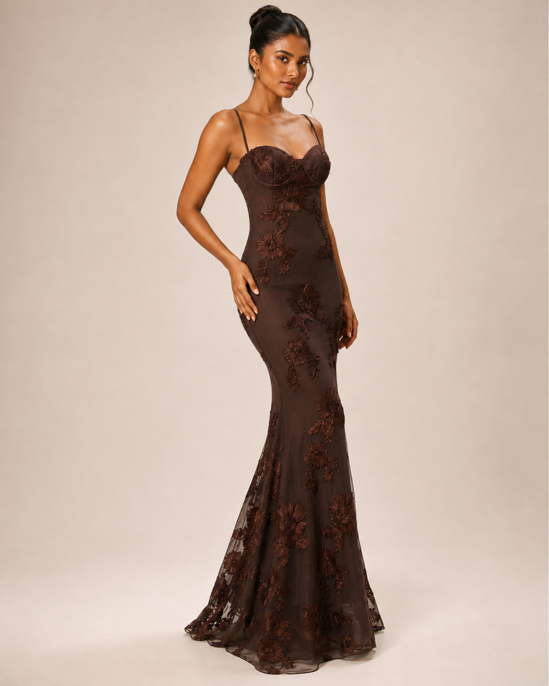 Sahara Petal-Detail Corset Maxi Dress - Brown