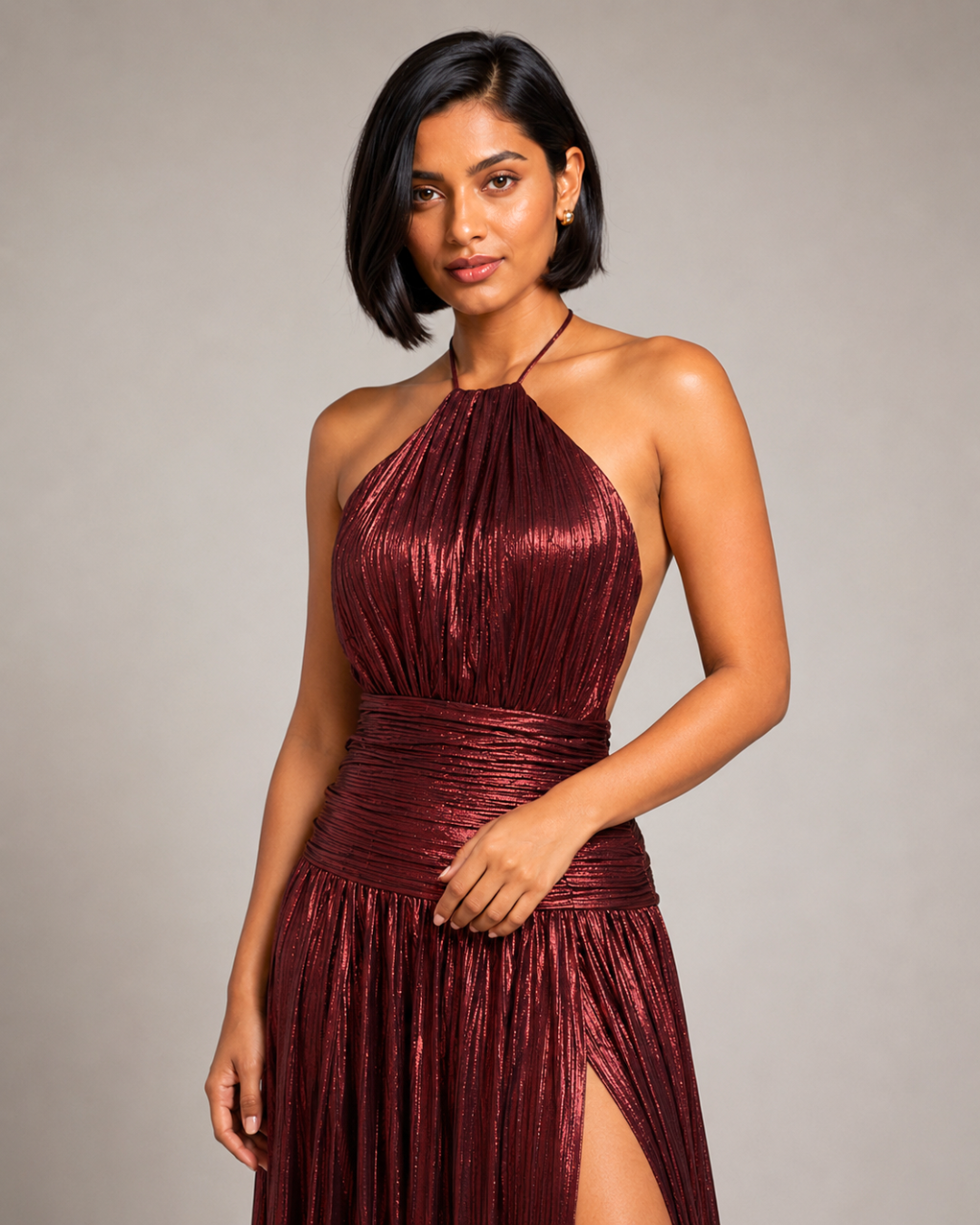 The Verona Pleated Halter Gown - Wine Red