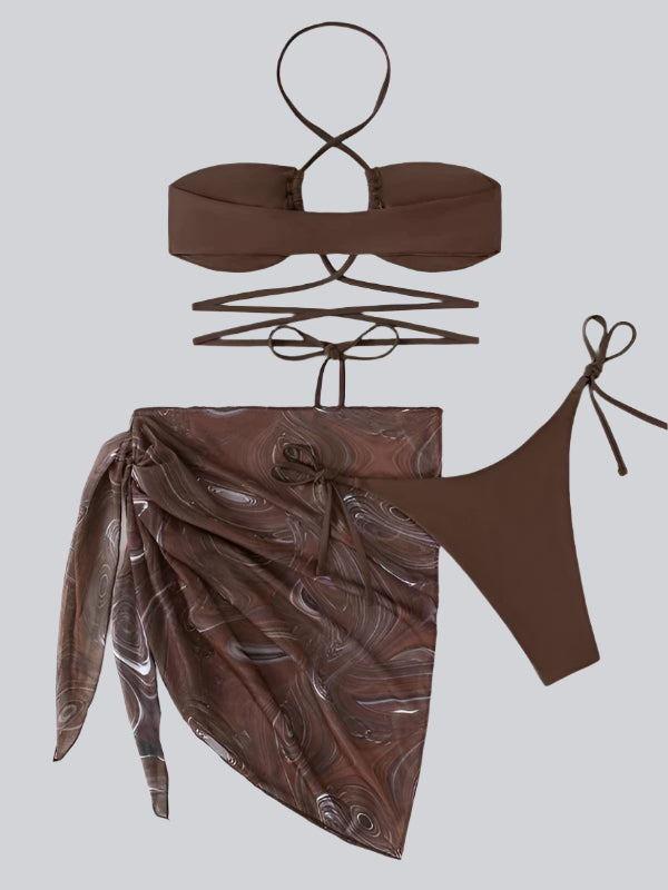 Halter Mesh Criss Cross 3 Piece Bikini Set