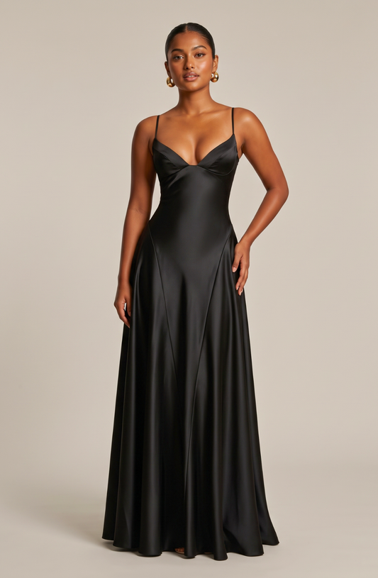 Celeste Satin Maxi Dress - Black