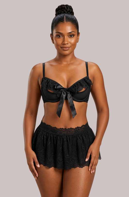 Layla Bow Lace Skirt Lingerie Set - Black