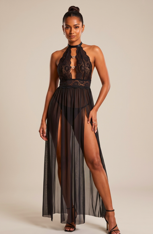 Amira Keyhole Lace Maxi Lingerie Dress - Black