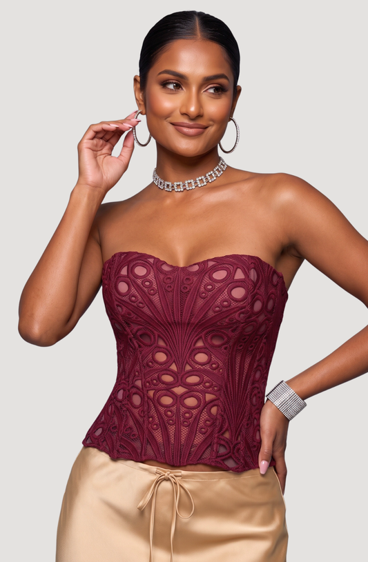 Mireille Strapless Lace Corset Top - Wine Red