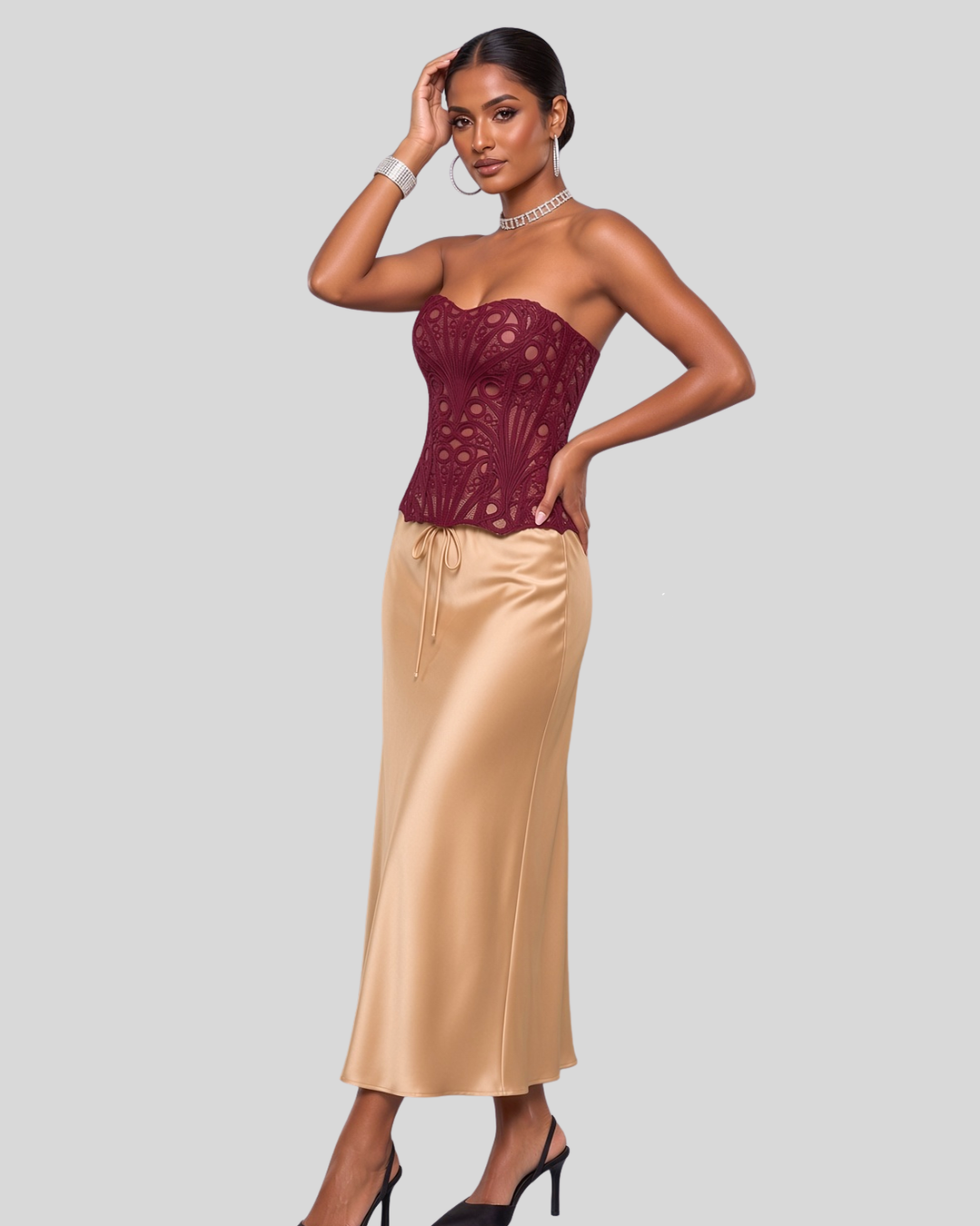 Mireille Strapless Lace Corset Top - Wine Red
