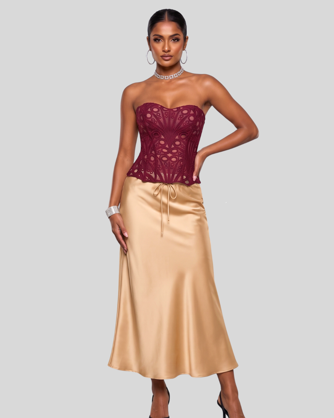 Mireille Strapless Lace Corset Top - Wine Red