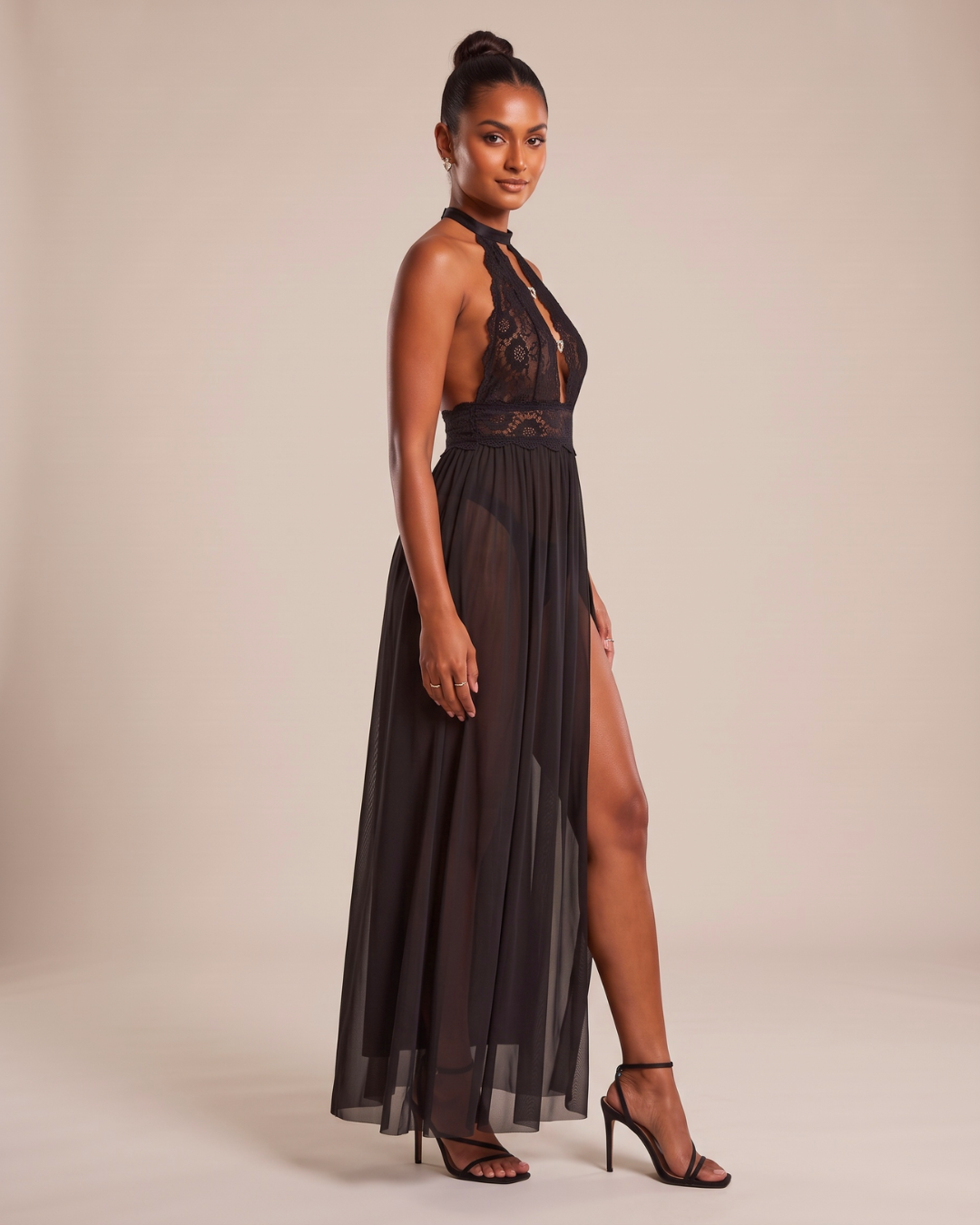 Amira Keyhole Lace Maxi Lingerie Dress - Black