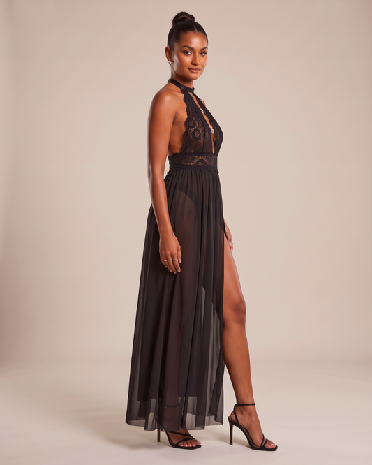 Amira Keyhole Lace Maxi Lingerie Dress - Black