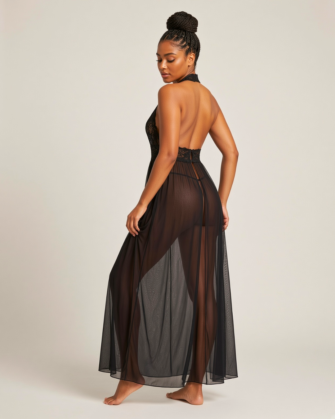 Amira Keyhole Lace Maxi Lingerie Dress - Black