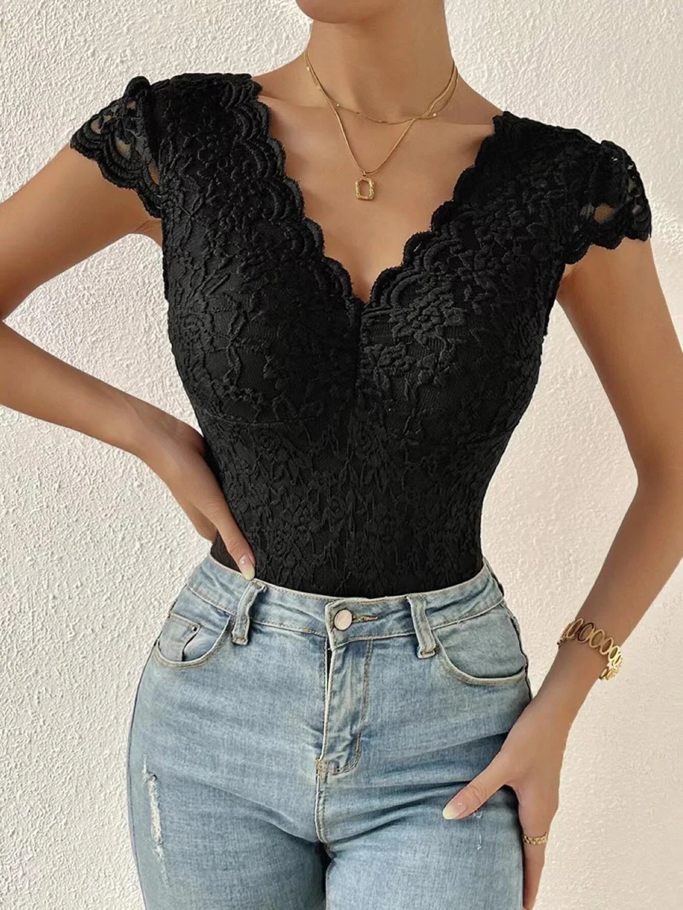 Sexy Sweet Floral V Neck Black Sheer Lace Bodysuit With Sleeves