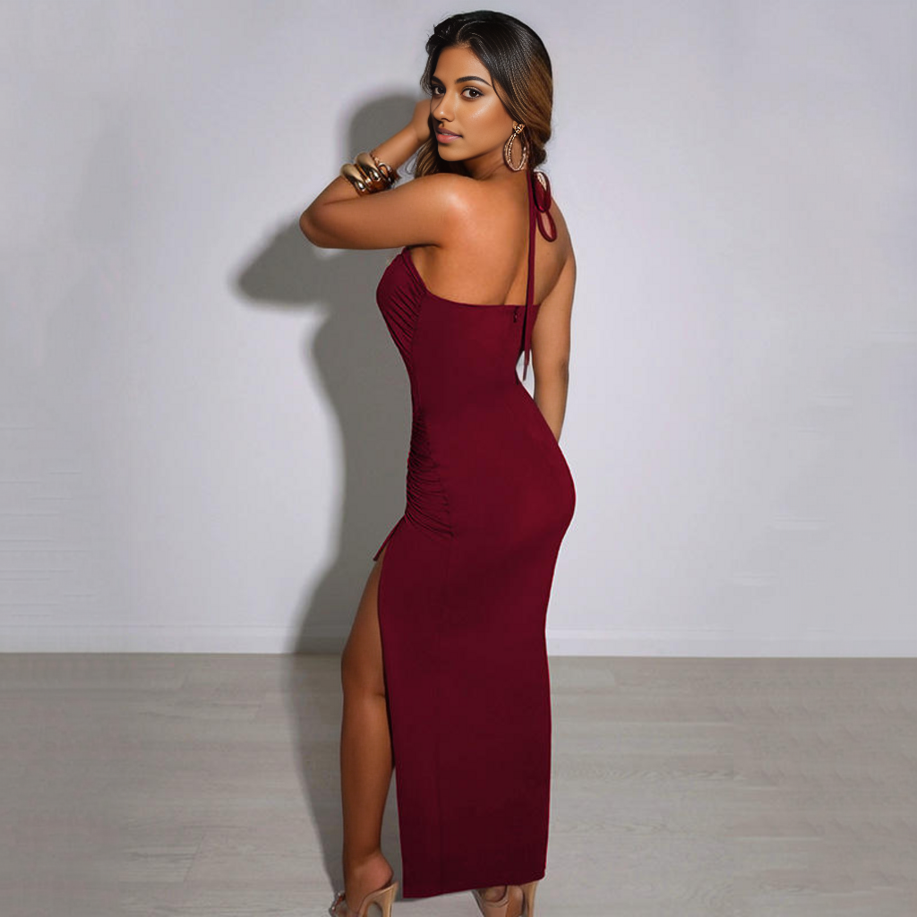 Lace-Up Ruched Halter Midi Dress