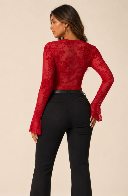 Amara Plunge Bell-Sleeve Lace Top