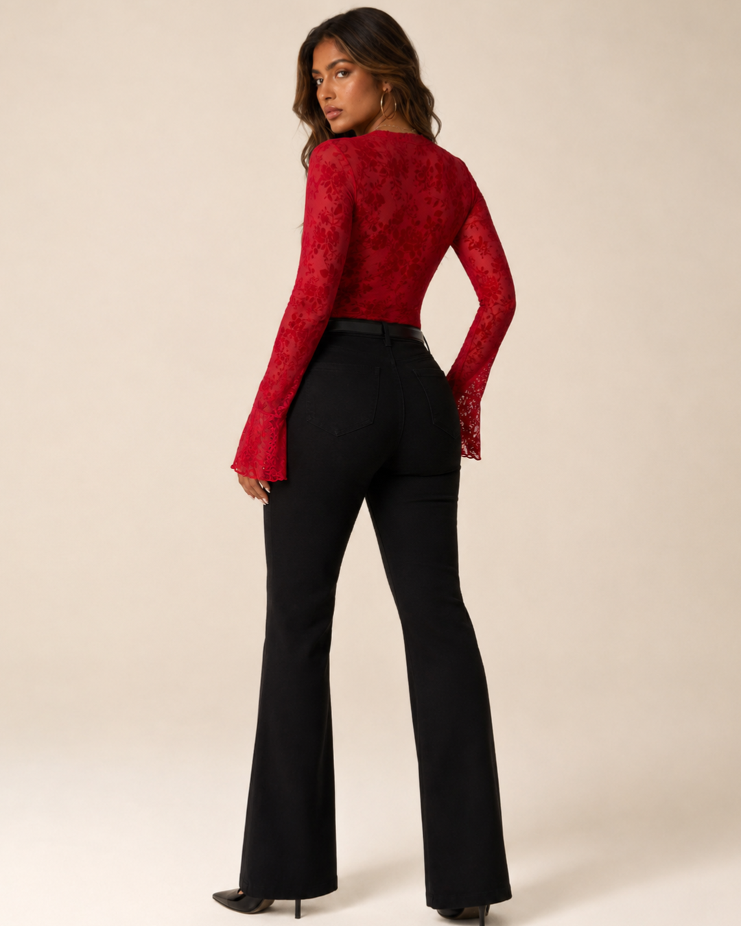 Amara Plunge Bell-Sleeve Lace Top