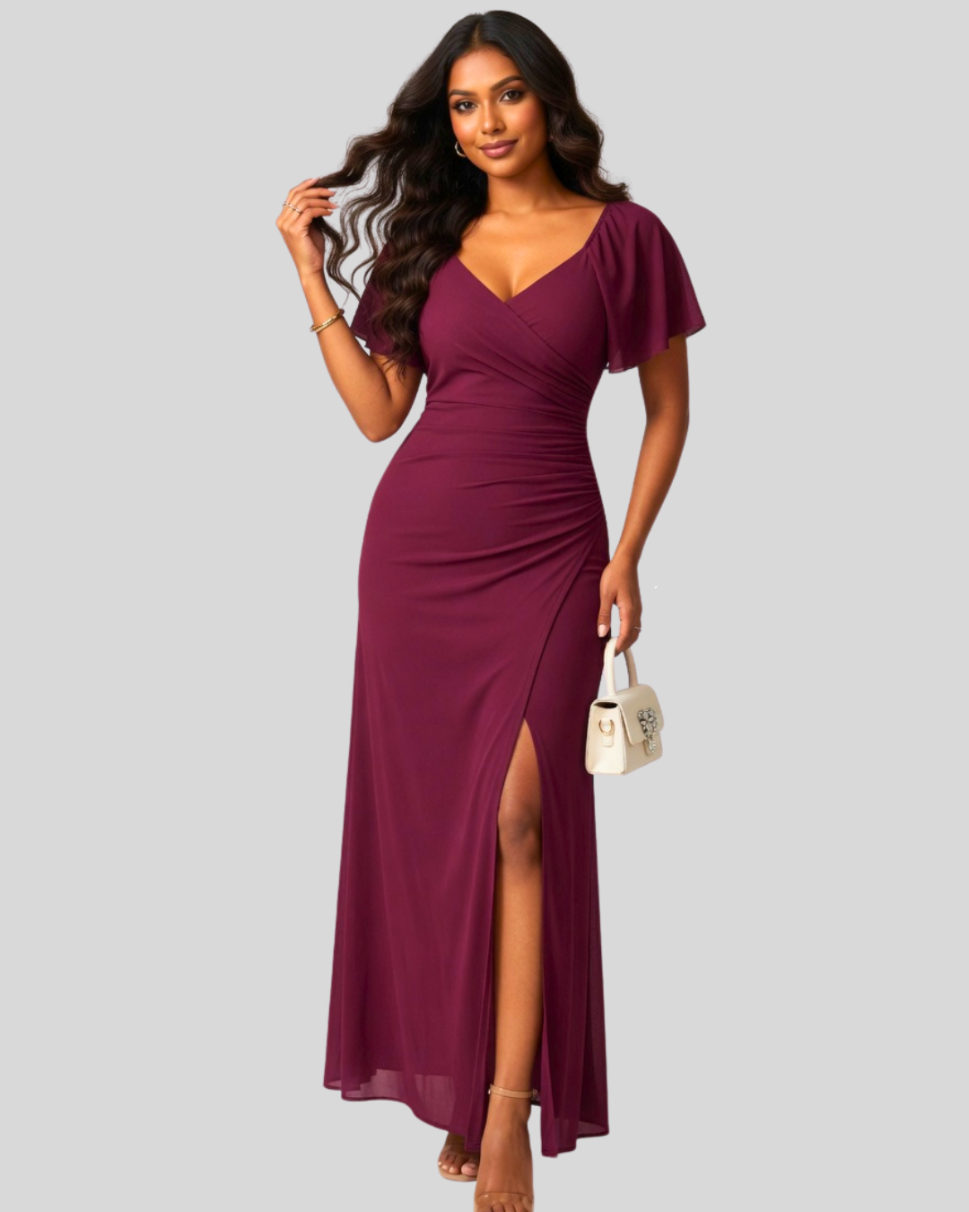 Amaya Ruched Front Slit Maxi Dress