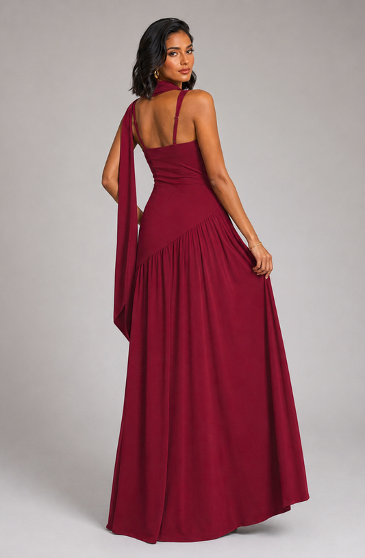 Amelie Scarf-Neck Slit Maxi Dress