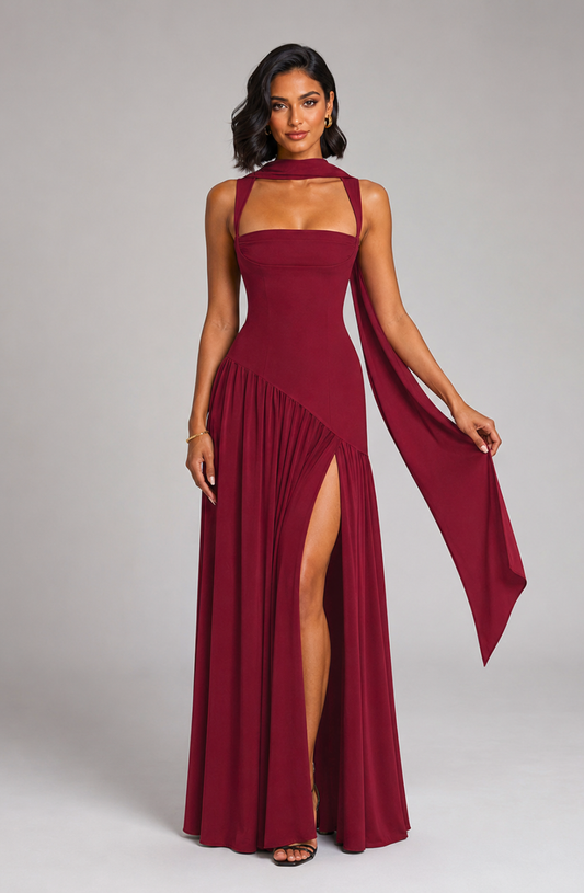 Amelie Scarf-Neck Slit Maxi Dress