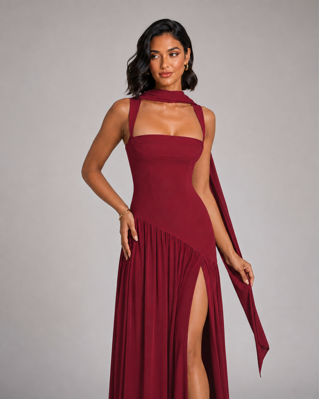 Amelie Scarf-Neck Slit Maxi Dress