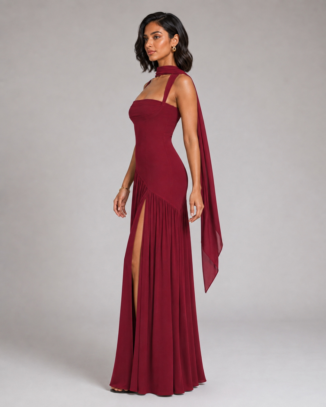 Amelie Scarf-Neck Slit Maxi Dress