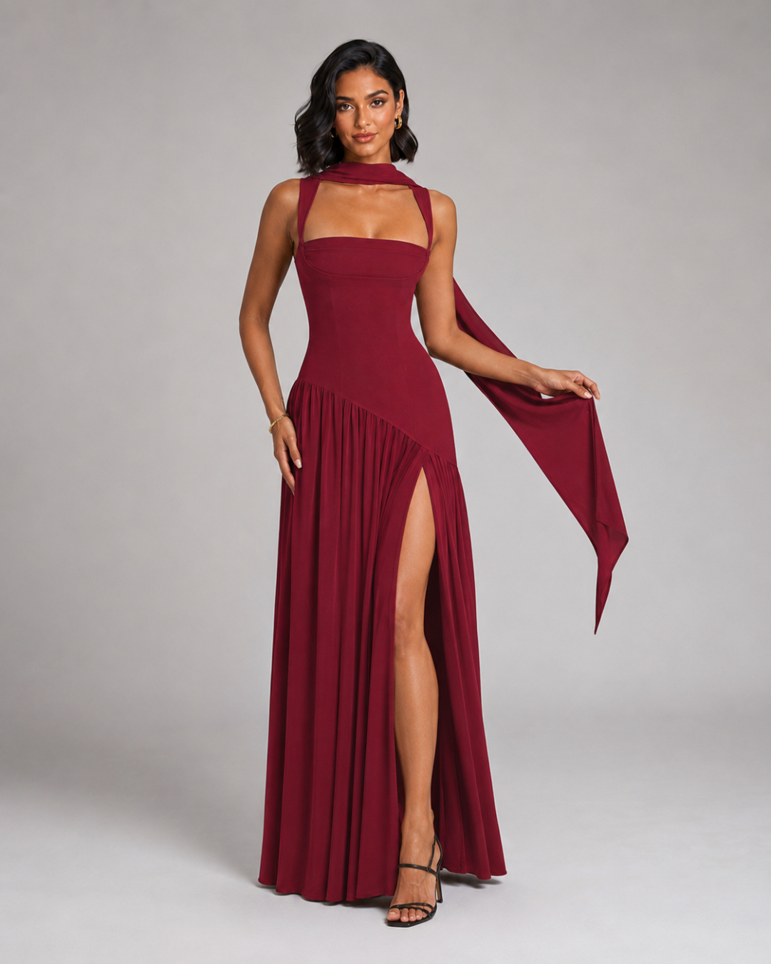 Amelie Scarf-Neck Slit Maxi Dress