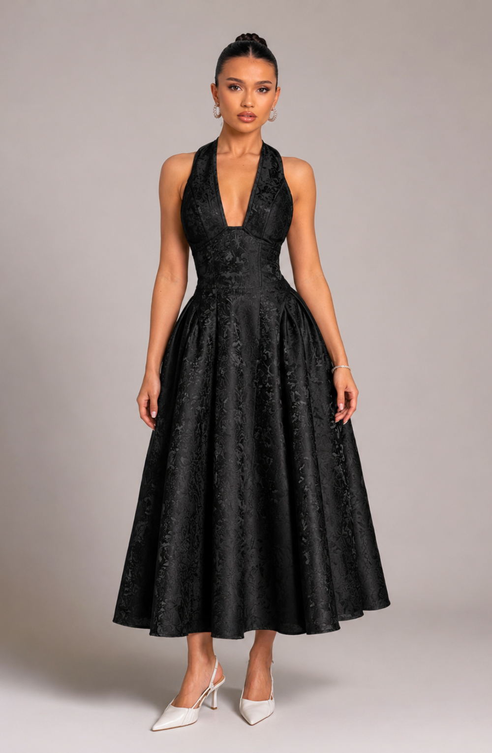 Ariella Sculpted Flare Midi Dress - Black