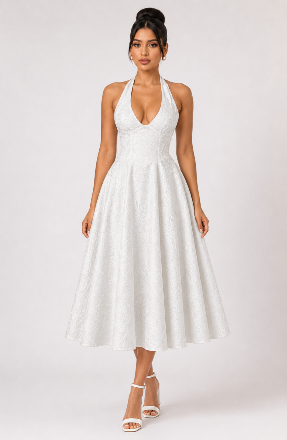 Ariella Sculpted Flare Midi Dress - White