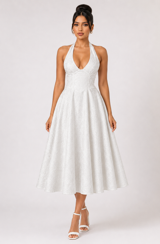 Ariella Sculpted Flare Midi Dress - White