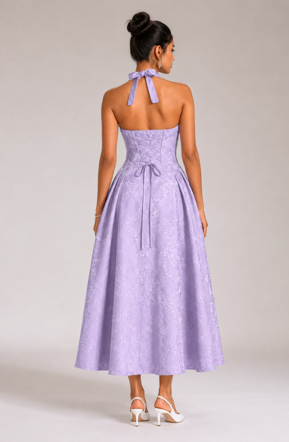 Ariella Sculpted Flare Midi Dress — Lilac Jacquard