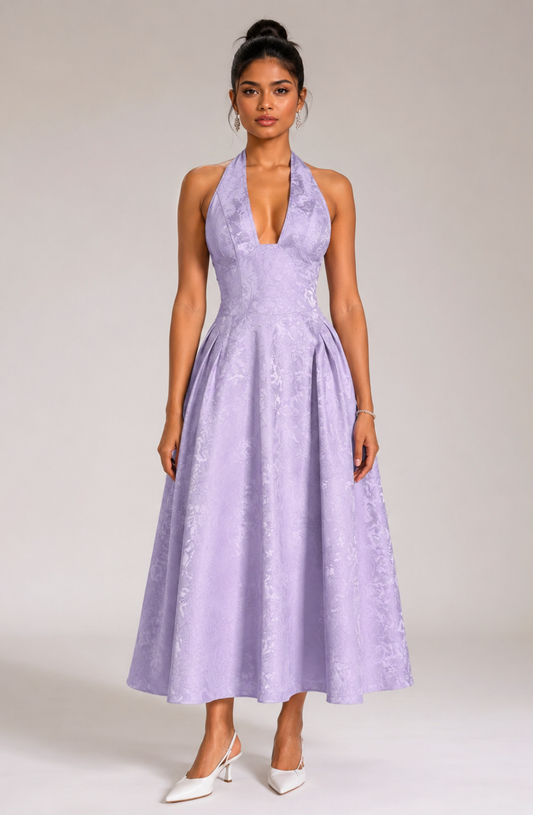 Ariella Sculpted Flare Midi Dress — Lilac Jacquard