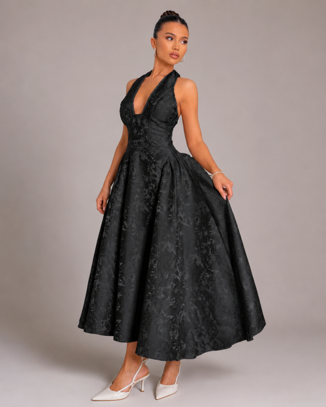 Ariella Sculpted Flare Midi Dress - Black