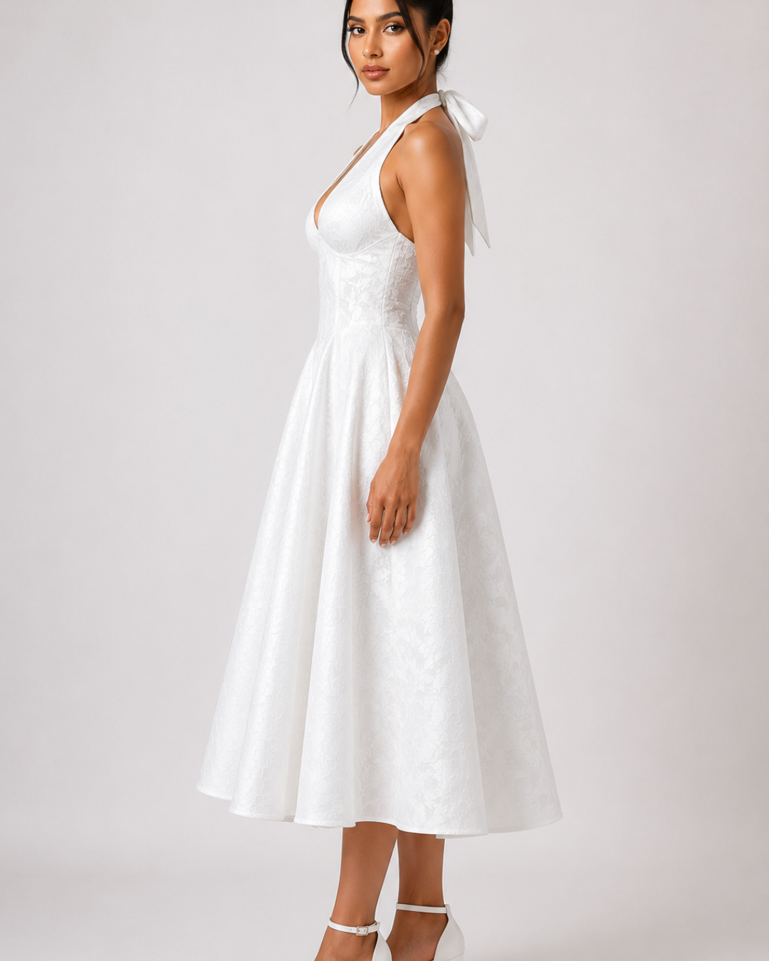 Ariella Sculpted Flare Midi Dress - White