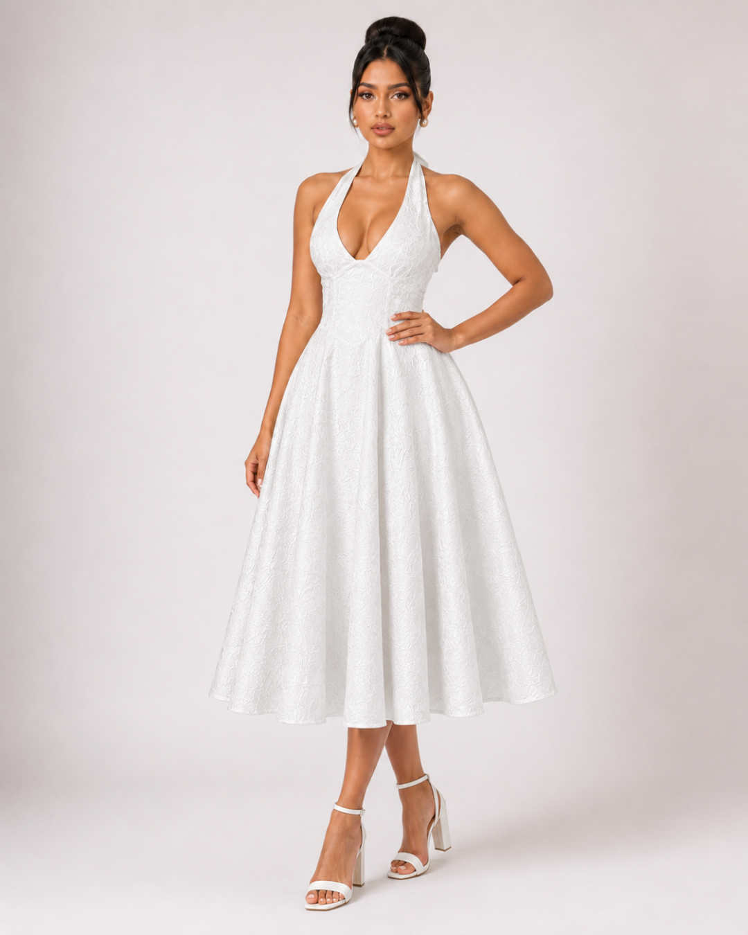 Ariella Sculpted Flare Midi Dress - White