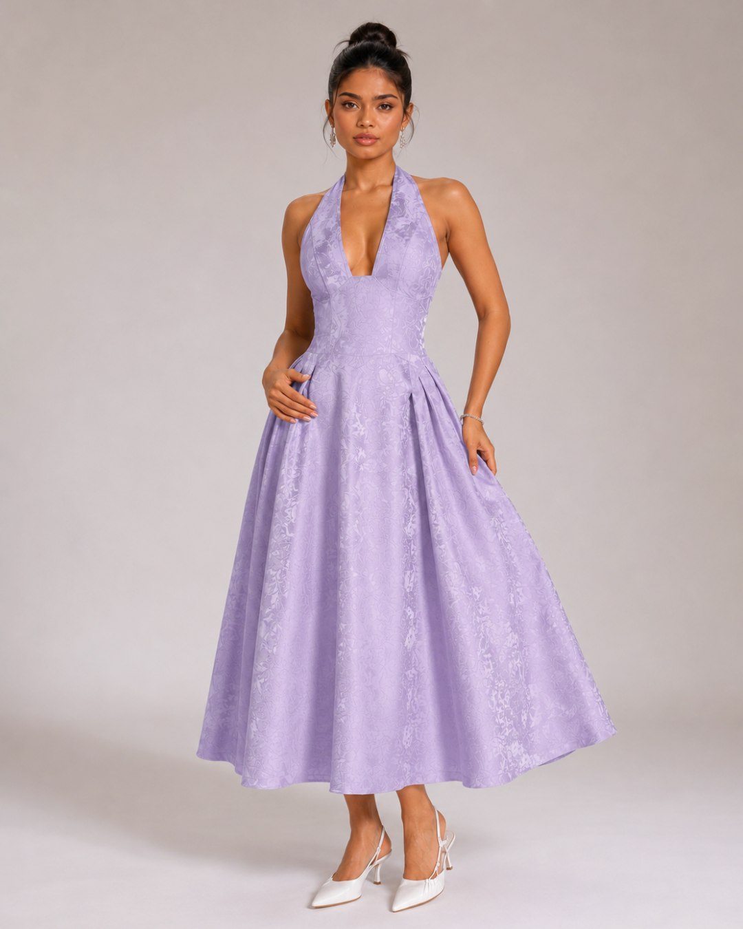 Ariella Sculpted Flare Midi Dress — Lilac Jacquard