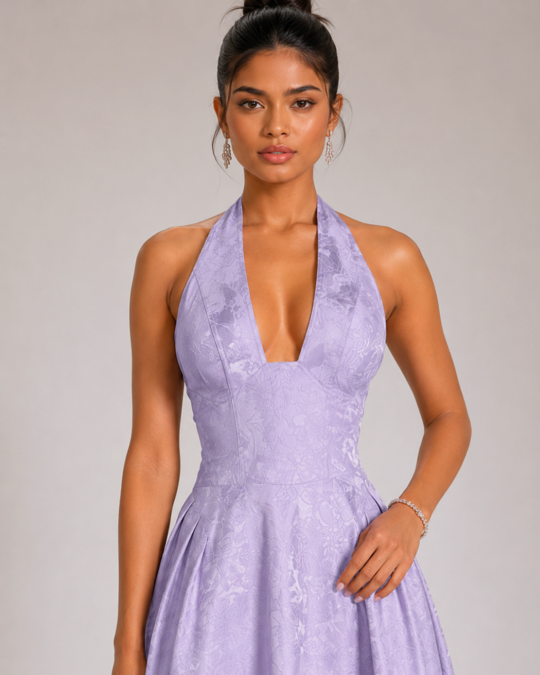 Ariella Sculpted Flare Midi Dress — Lilac Jacquard