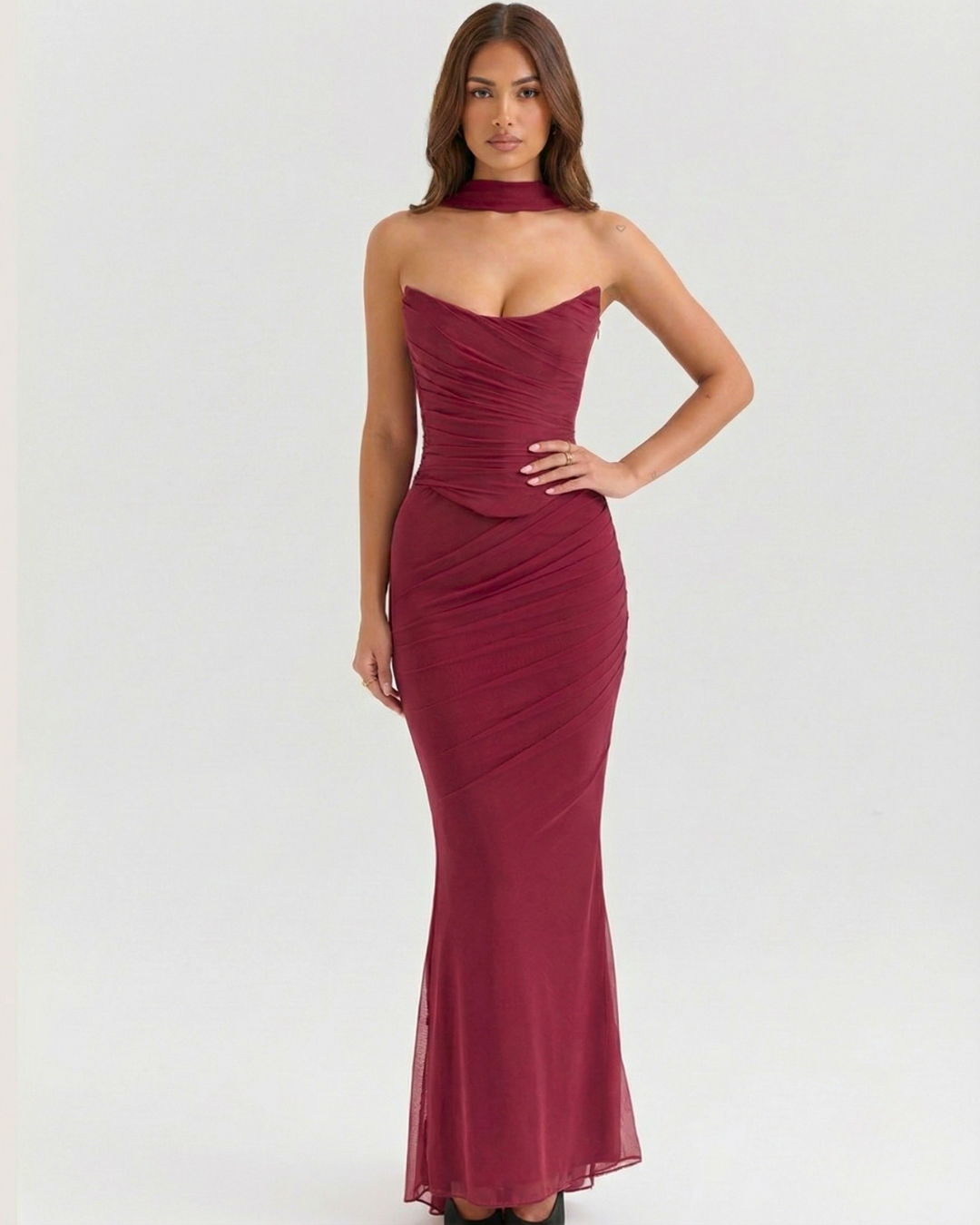 Aura Ruched Two Piece Corset Maxi Dress