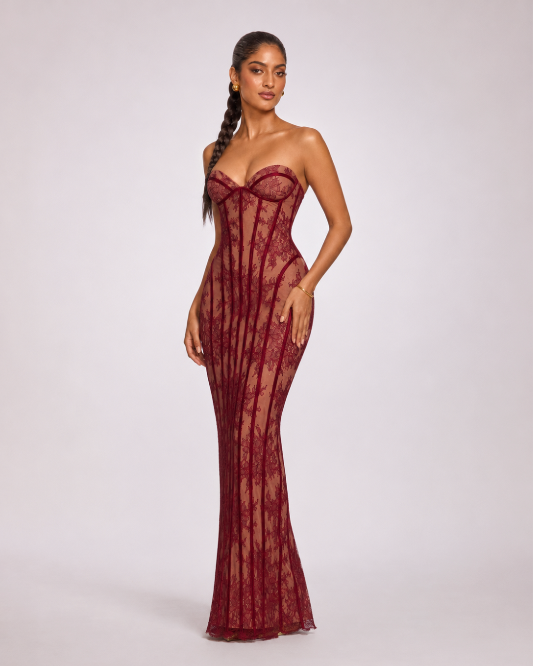 Aveline Corset Lace Maxi Dress - Wine Red