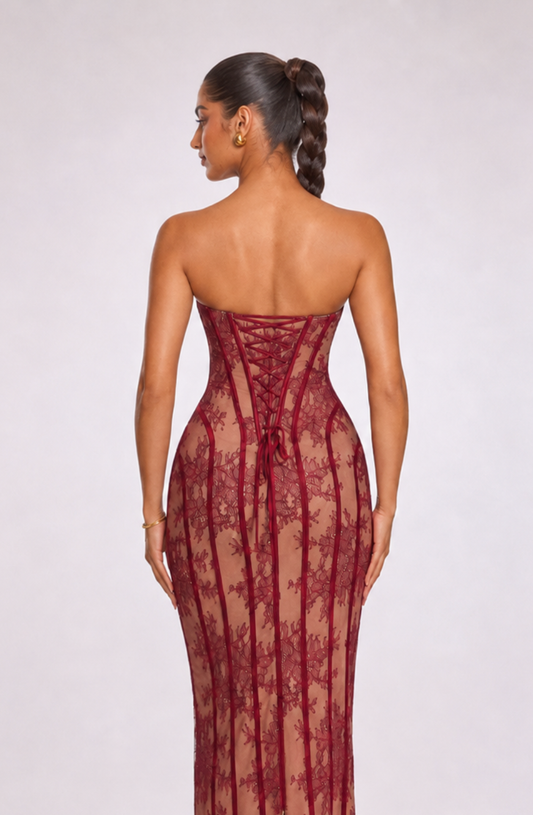 Aveline Corset Lace Maxi Dress - Wine Red