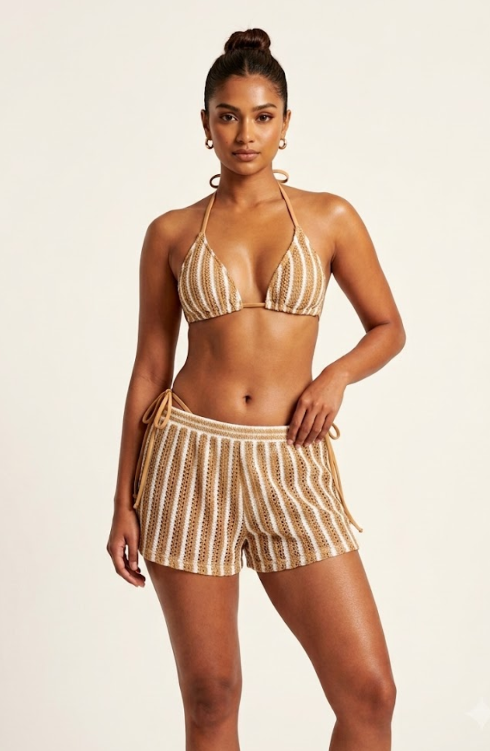 Coastline Stripe 3-Piece Bikini Set - Coffee