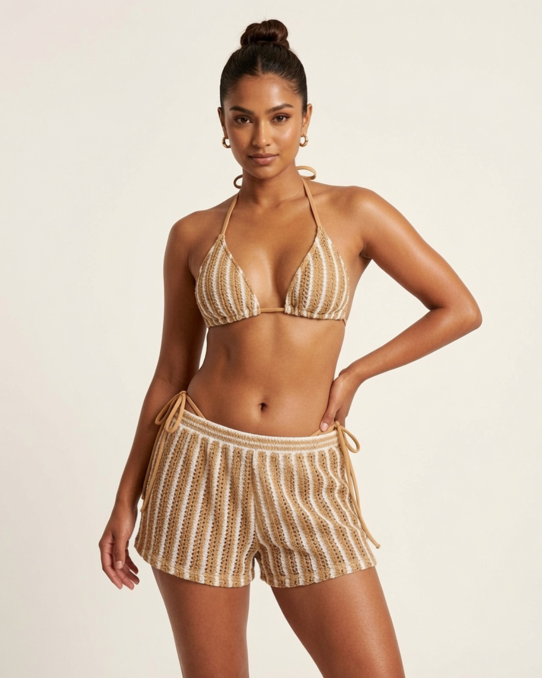 Coastline Stripe 3-Piece Bikini Set - Coffee