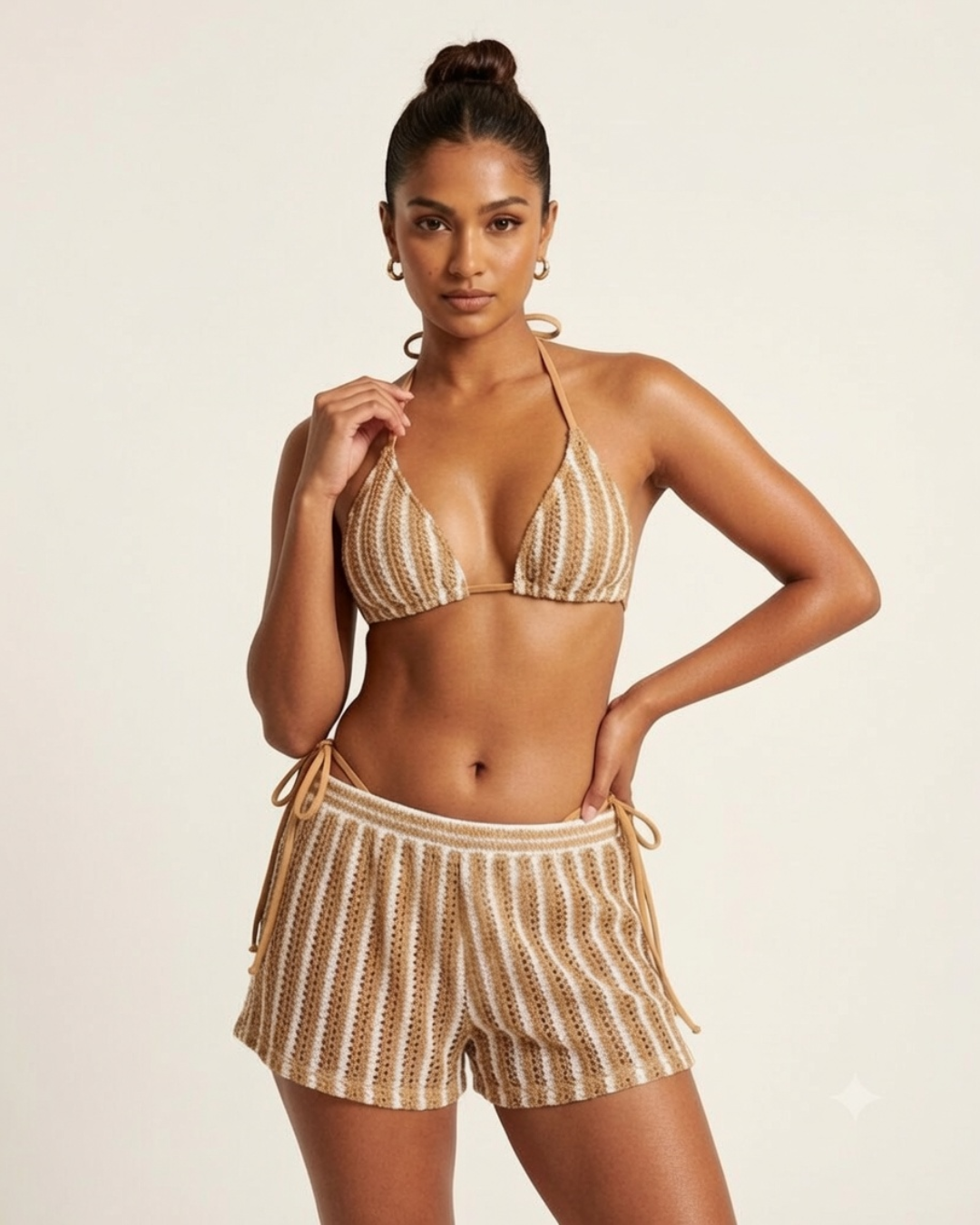 Coastline Stripe 3-Piece Bikini Set - Coffee