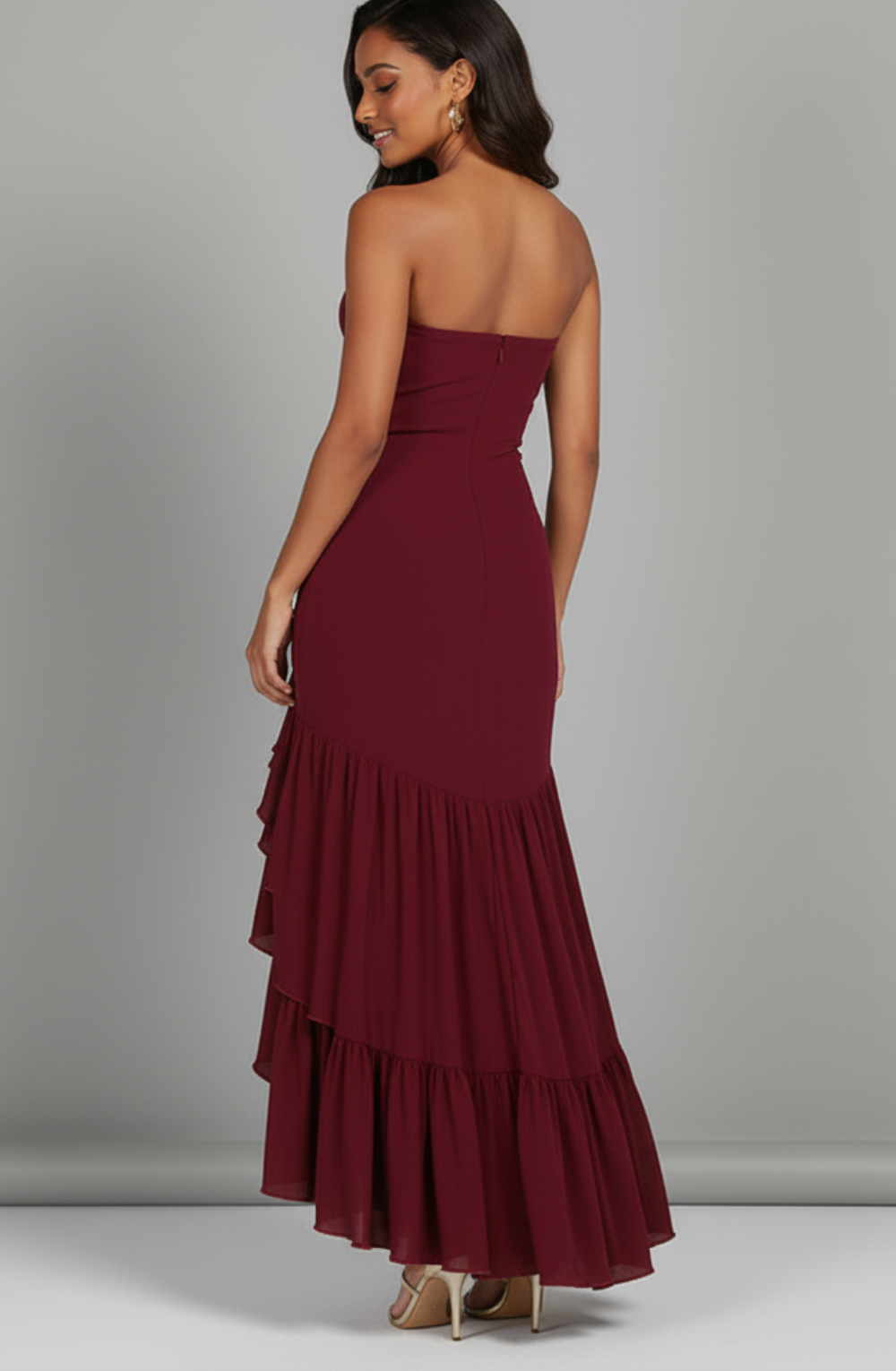 Crimson Cascade Strapless Ruffle Dress