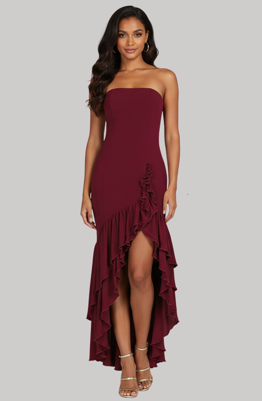 Crimson Cascade Strapless Ruffle Dress